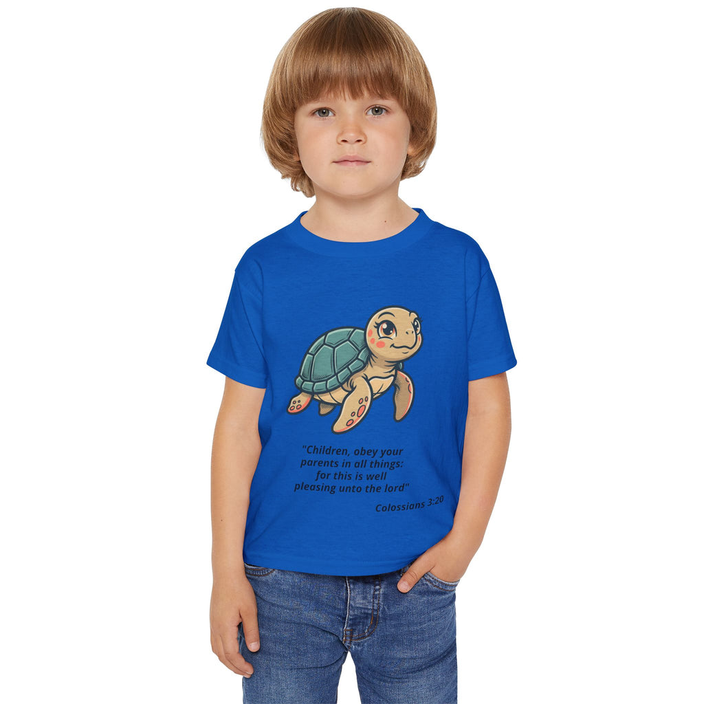 Toddler T‑Shirt — Cute Sea Turtle with Colossians 3:20 Bible Verse