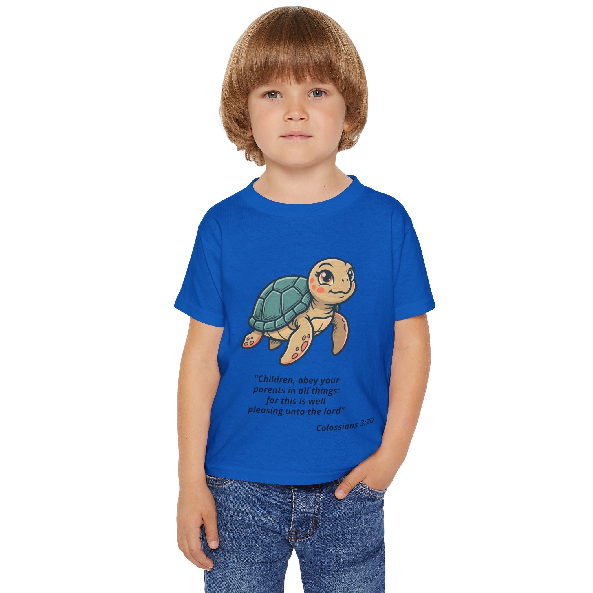 Toddler T‑Shirt — Cute Sea Turtle with Colossians 3:20 Bible Verse