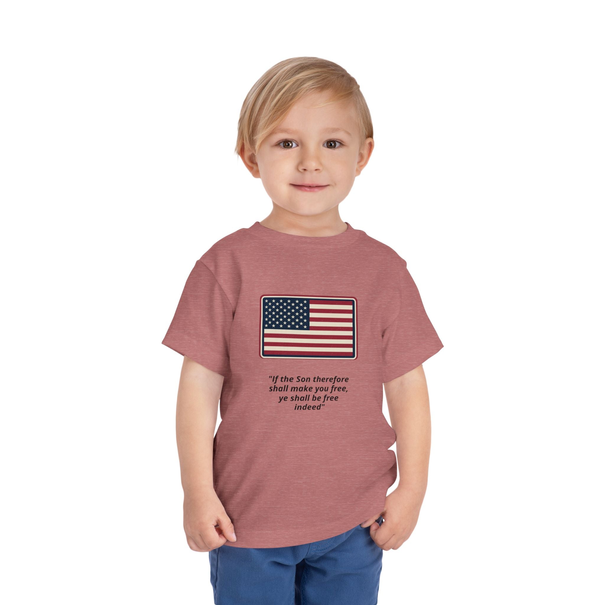 Toddler Tee — American Flag with 'If the Son therefore shall make you free, ye shall be free indeed' Patriotic Christian Kids Shirt