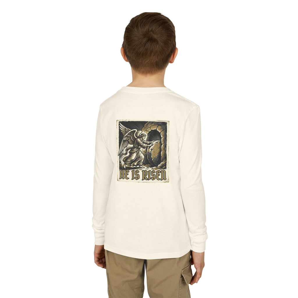 Youth Long Sleeve Tee — “He Is Risen” Easter Christian Shirt