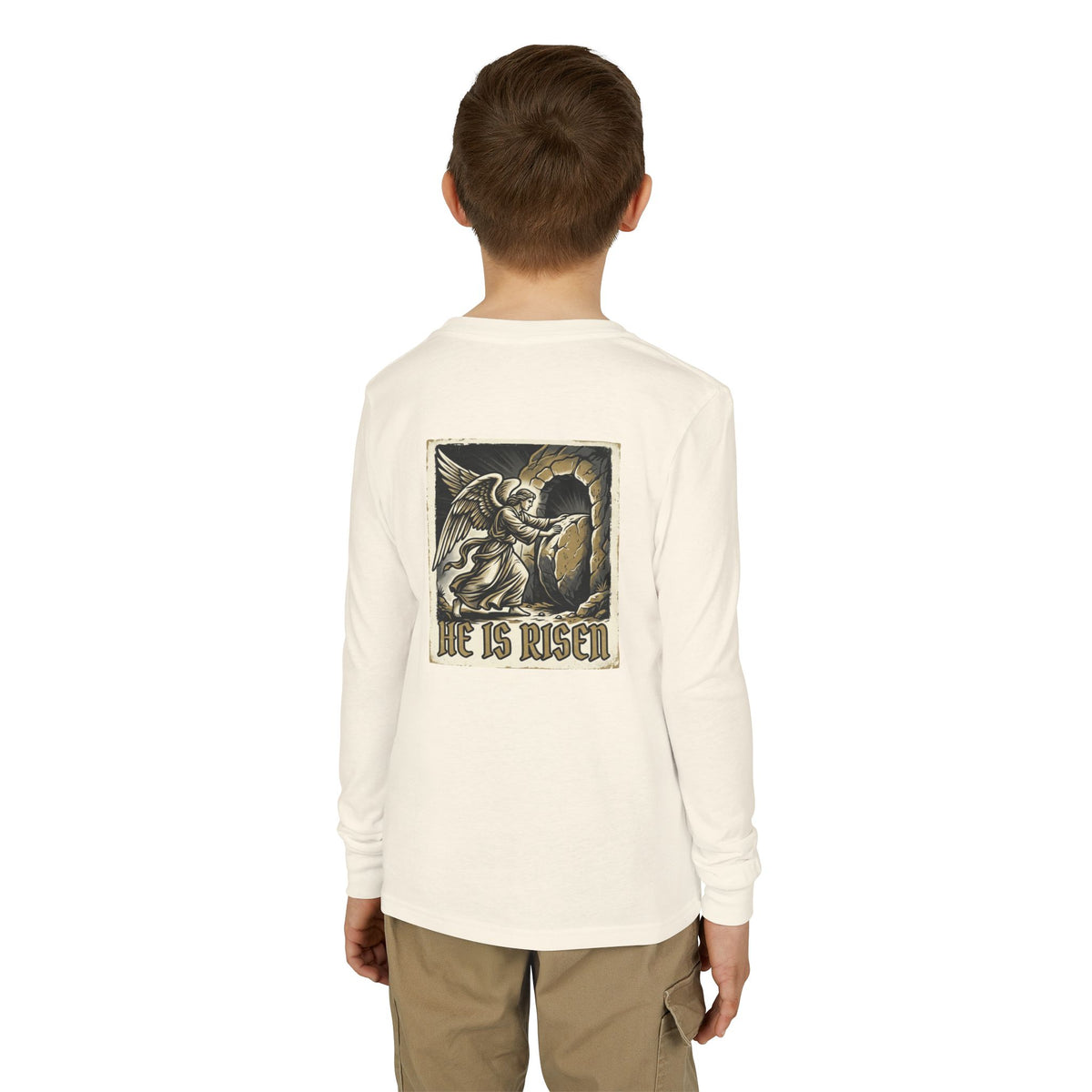 Youth Long Sleeve Tee — “He Is Risen” Easter Christian Shirt
