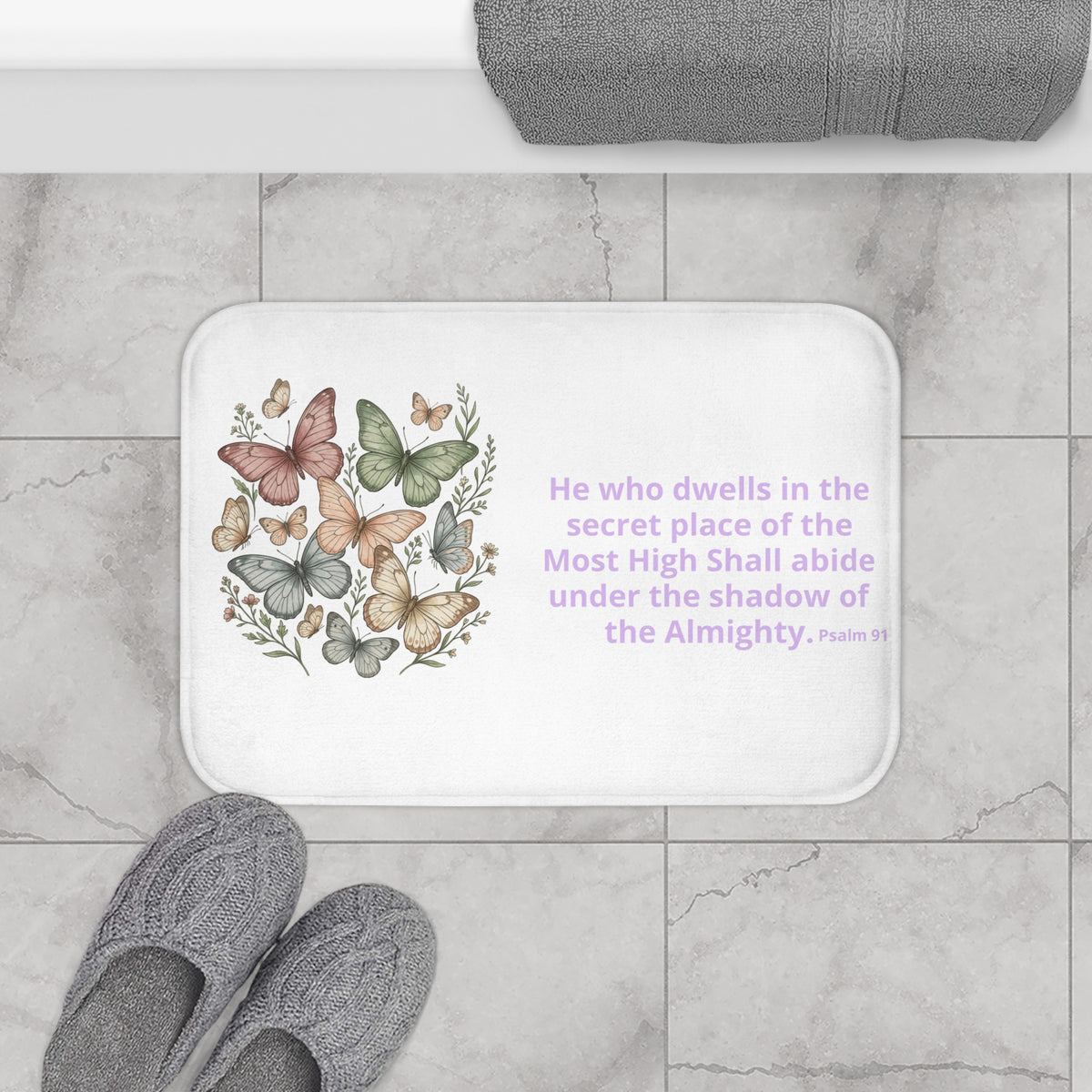 Butterfly Psalm Bath Mat — 'He who dwells...' Religious Decorative Bathroom Rug