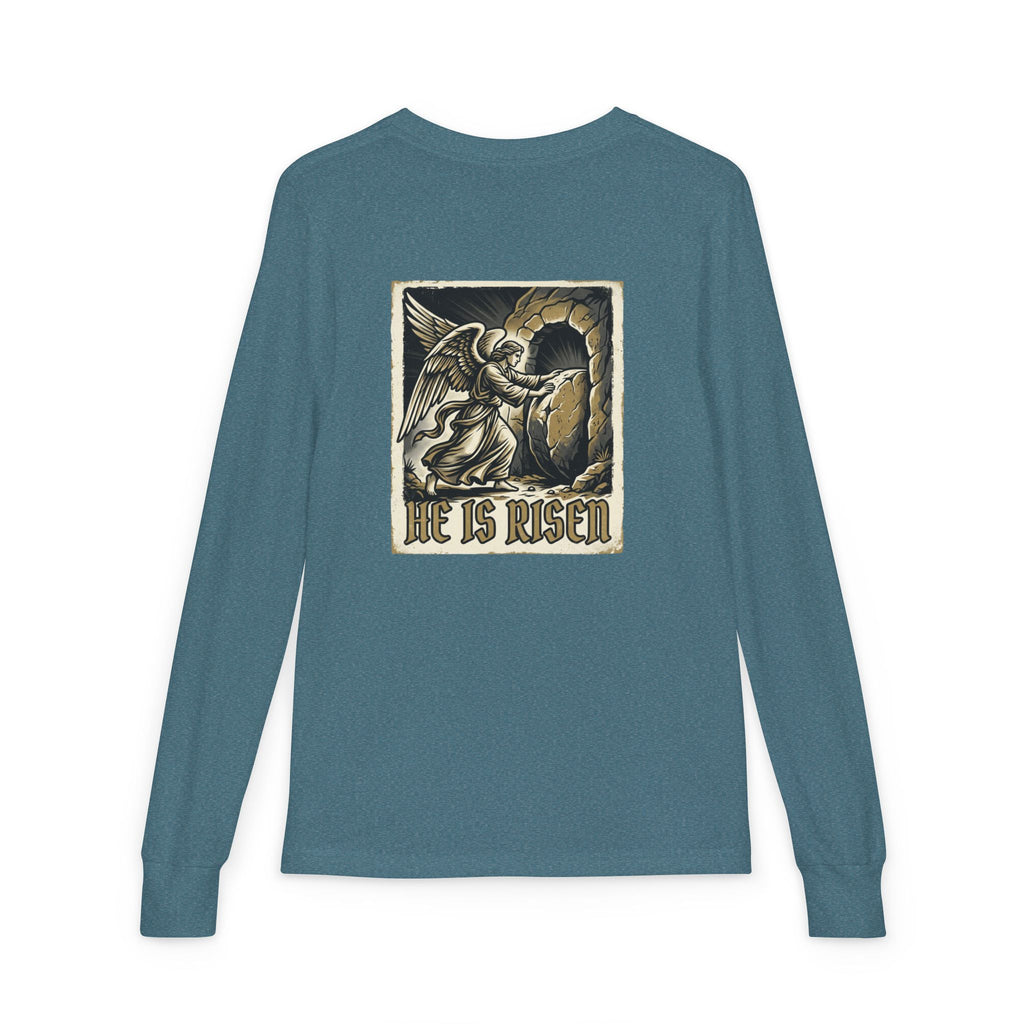 Youth Long Sleeve Tee — “He Is Risen” Easter Christian Shirt
