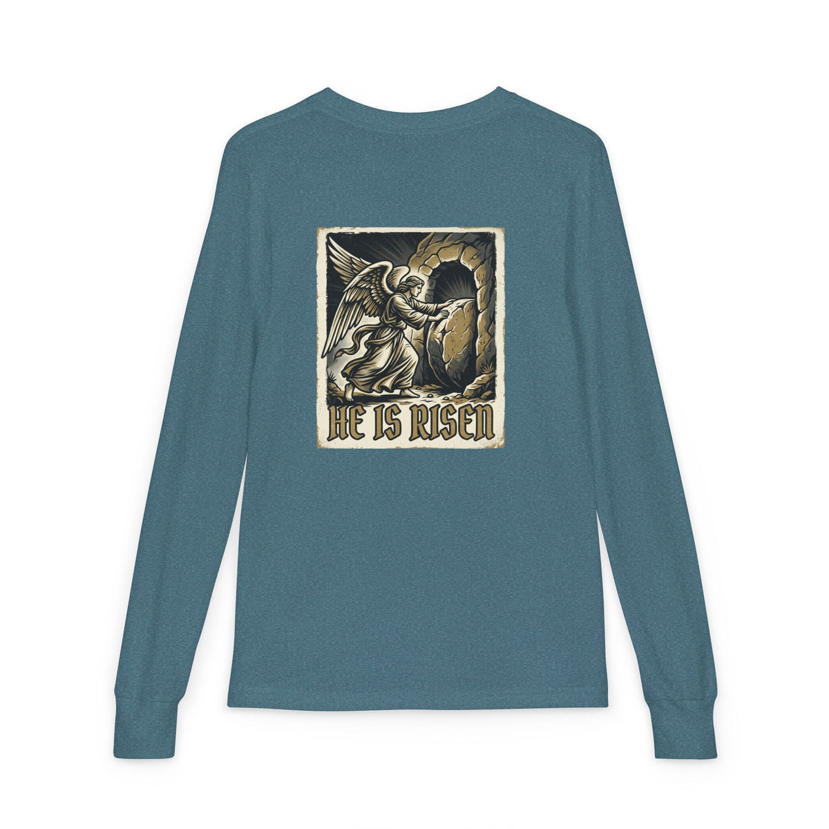 Youth Long Sleeve Tee — “He Is Risen” Easter Christian Shirt