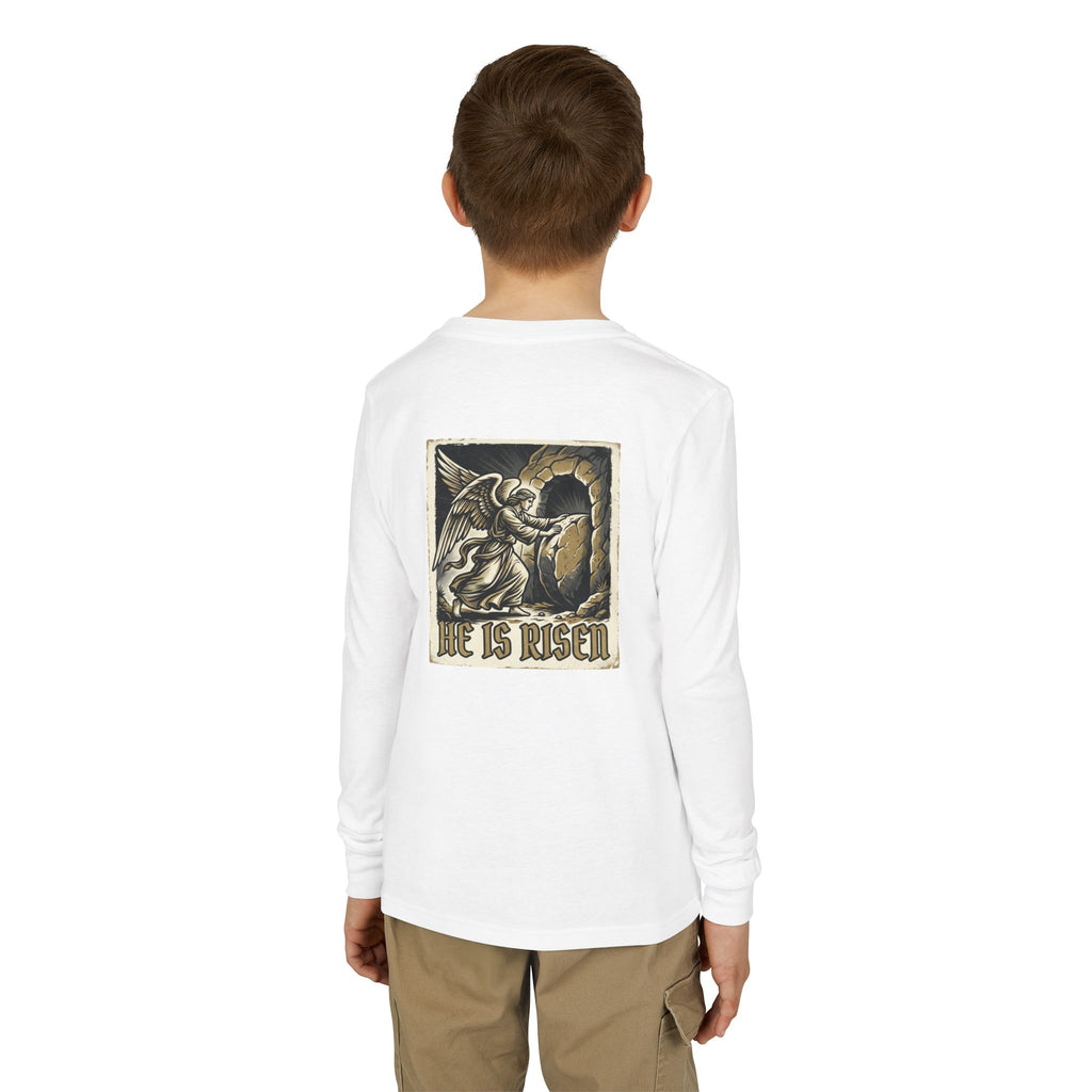 Youth Long Sleeve Tee — “He Is Risen” Easter Christian Shirt