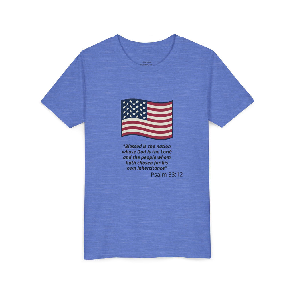 Youth T-Shirt - American Flag with Psalm 33:12 Bible Verse Patriotic Kids Tee