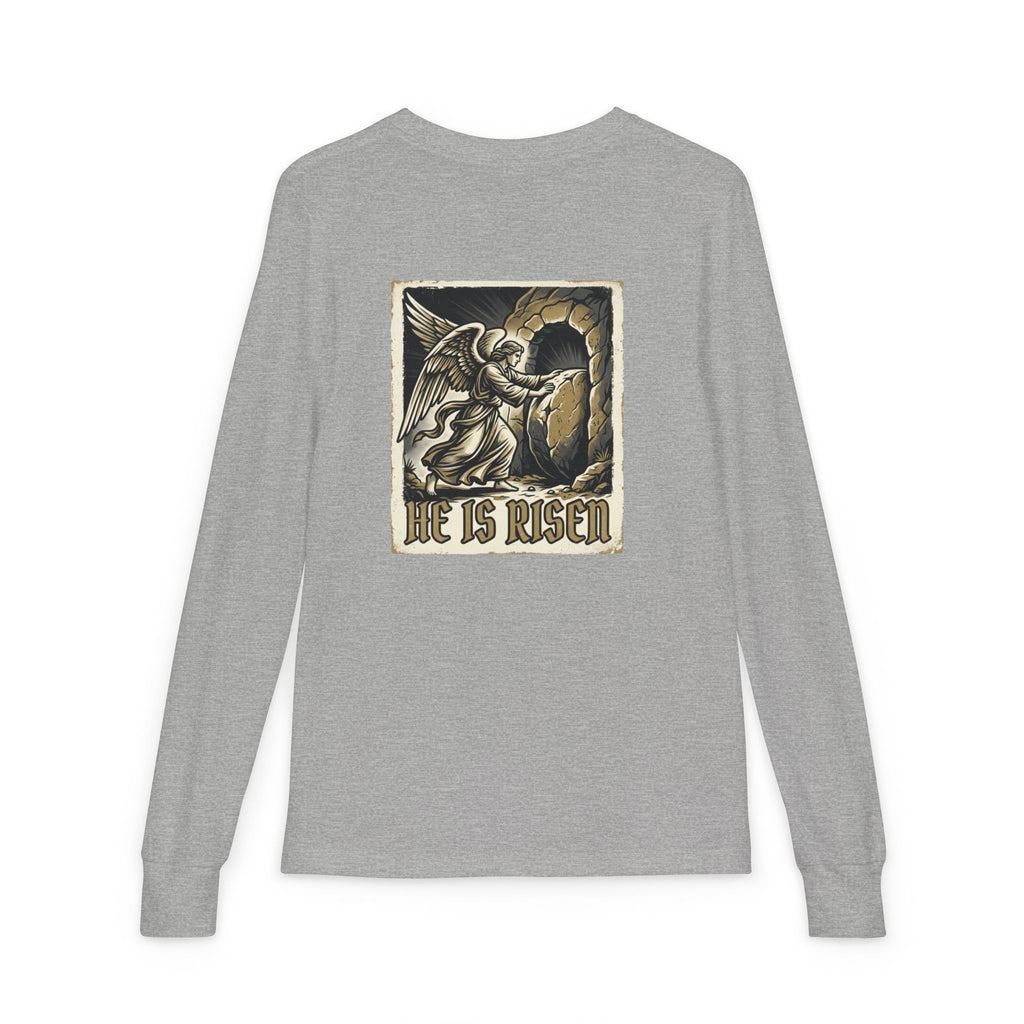 Youth Long Sleeve Tee — “He Is Risen” Easter Christian Shirt