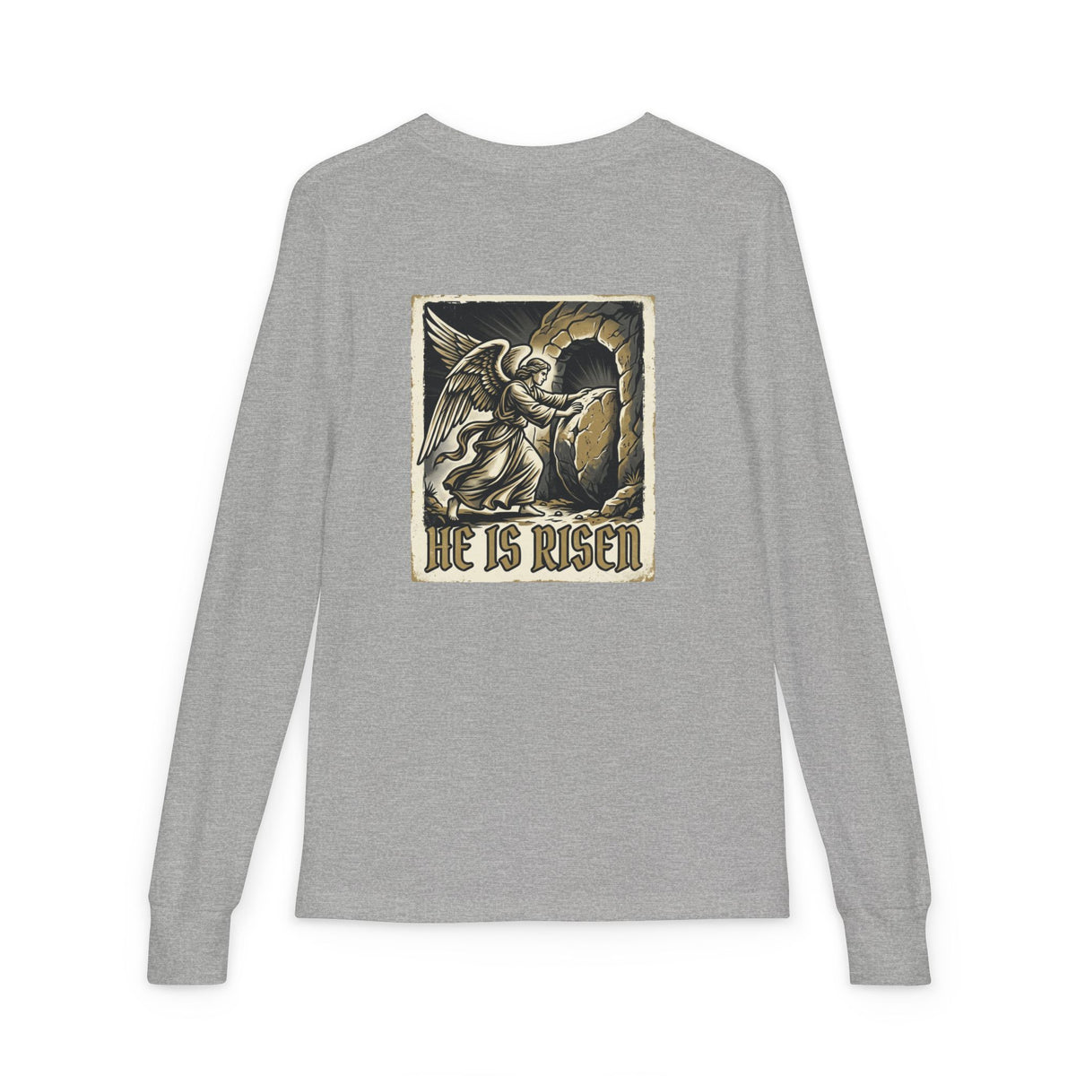 Youth Long Sleeve Tee — “He Is Risen” Easter Christian Shirt