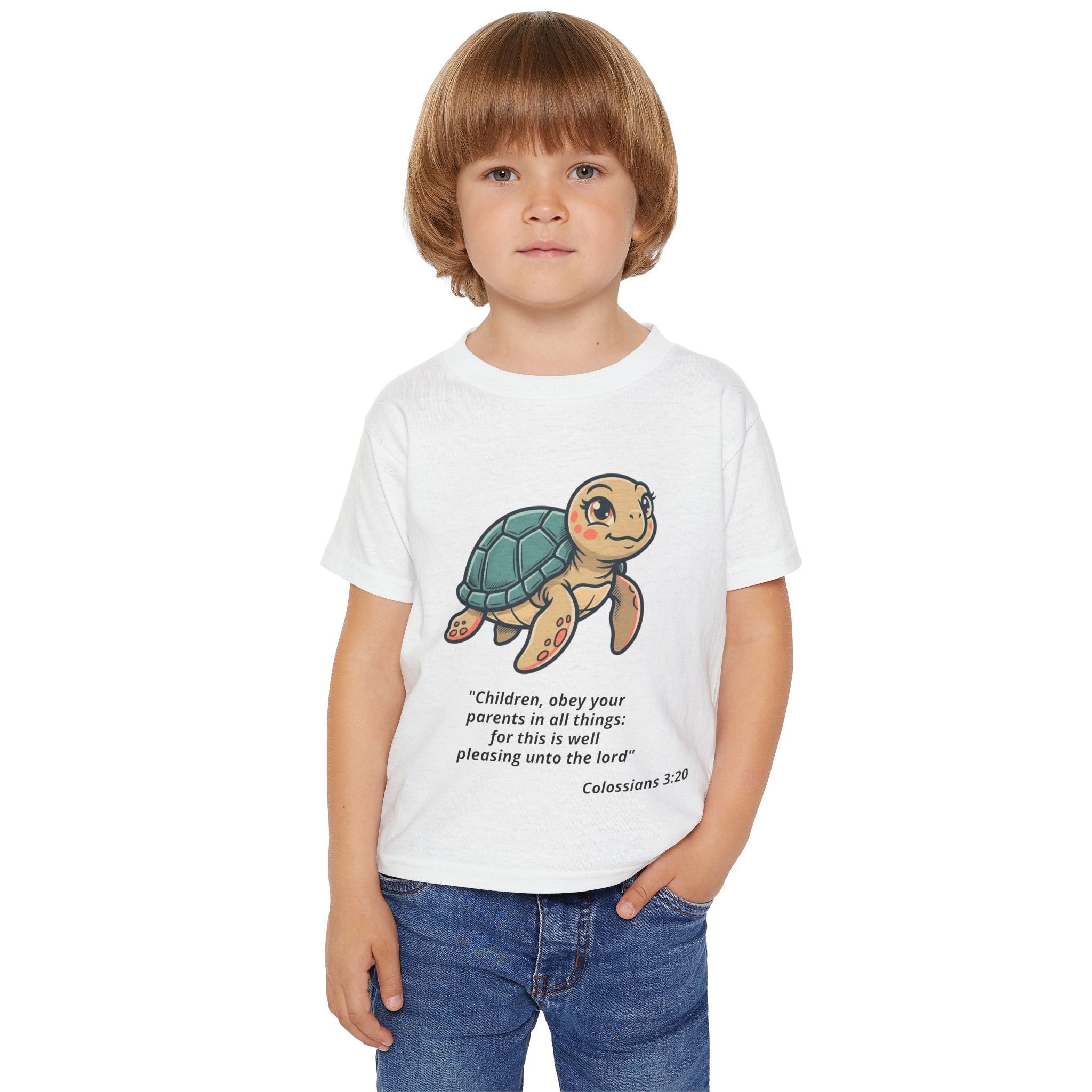 Toddler T‑Shirt — Cute Sea Turtle with Colossians 3:20 Bible Verse