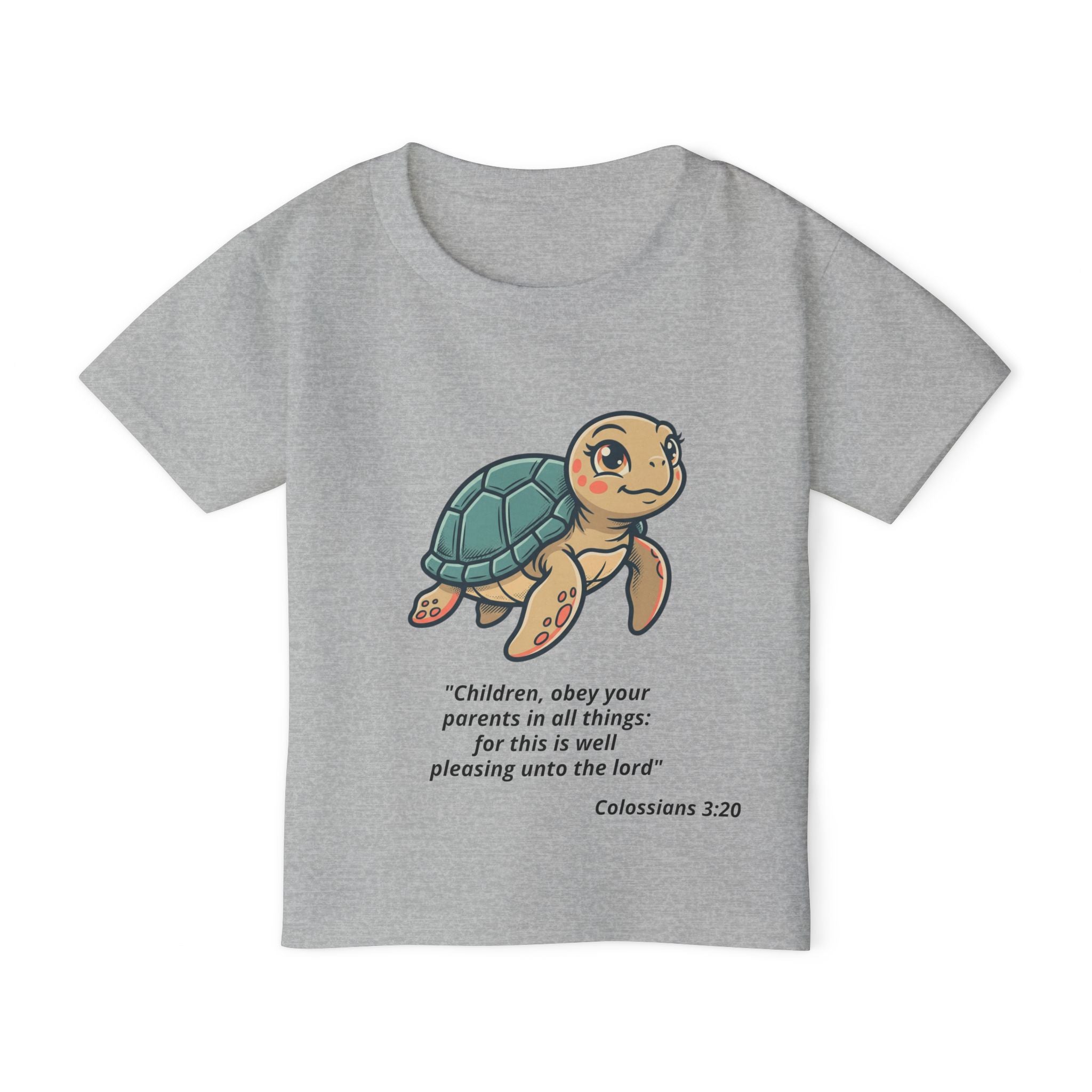 Toddler T‑Shirt — Cute Sea Turtle with Colossians 3:20 Bible Verse