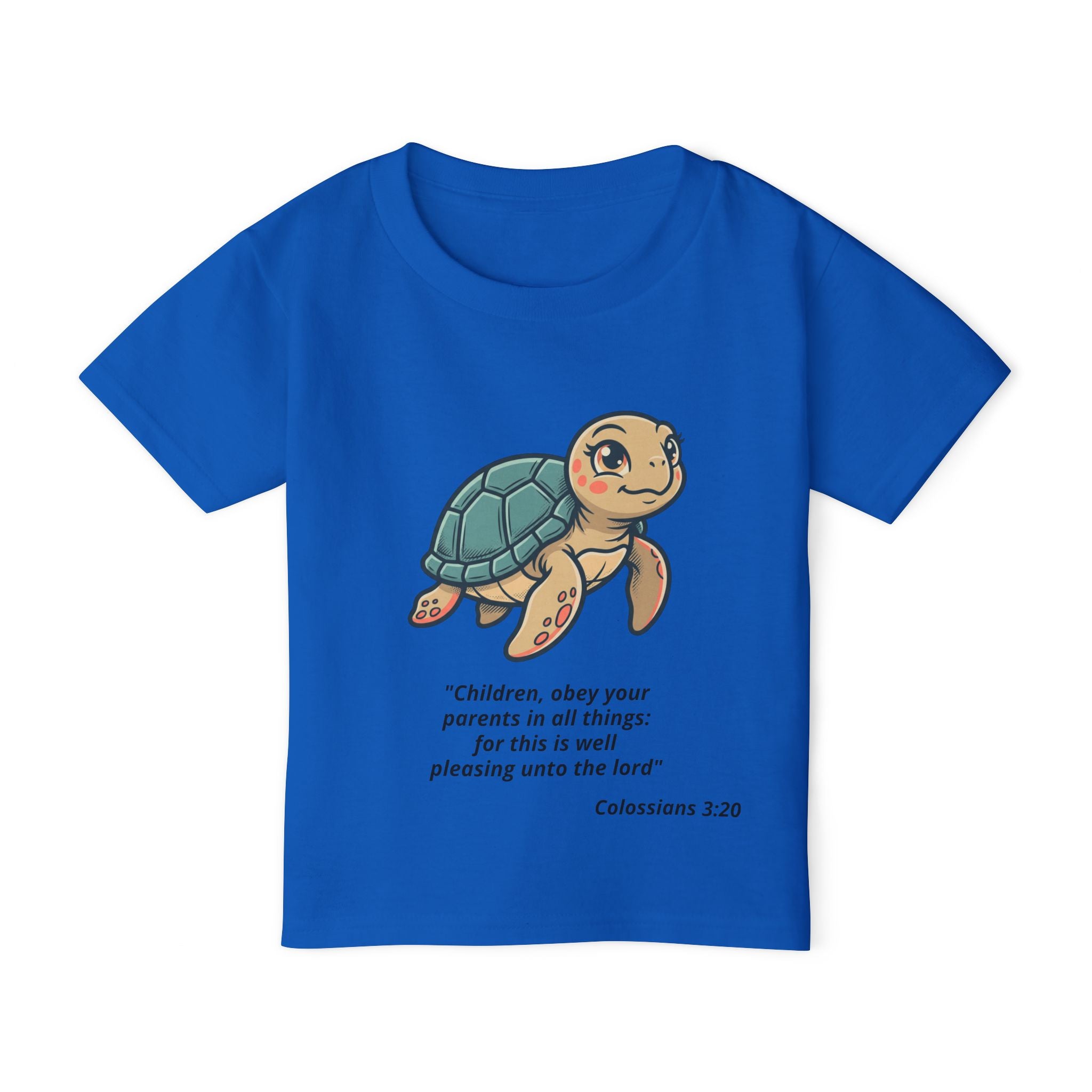 Toddler T‑Shirt — Cute Sea Turtle with Colossians 3:20 Bible Verse