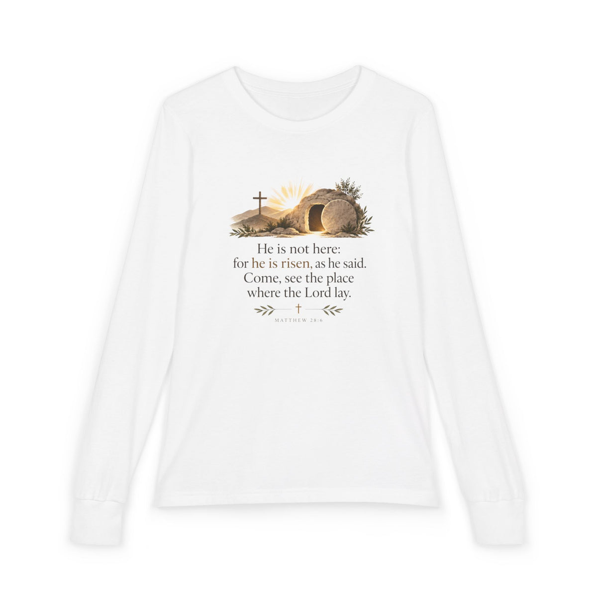 Youth Long Sleeve Tee — “He Is Risen” Easter Christian Shirt