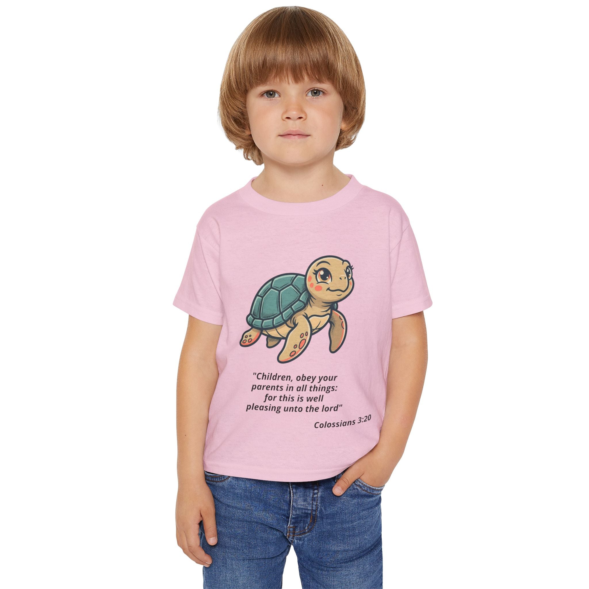 Toddler T‑Shirt — Cute Sea Turtle with Colossians 3:20 Bible Verse