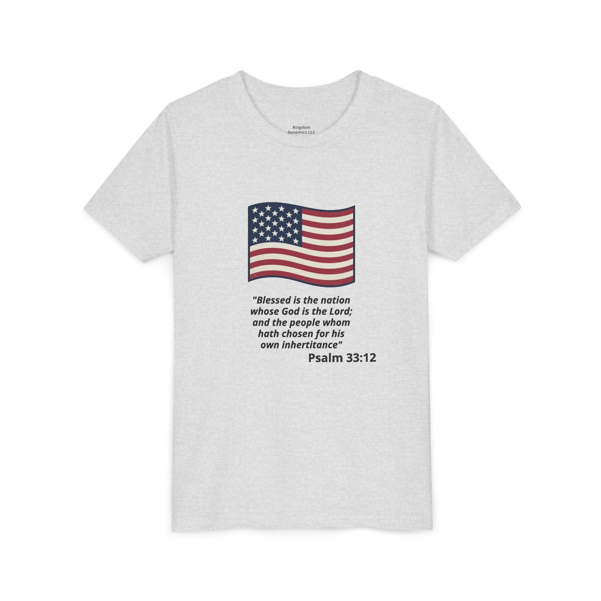 Youth T-Shirt - American Flag with Psalm 33:12 Bible Verse Patriotic Kids Tee