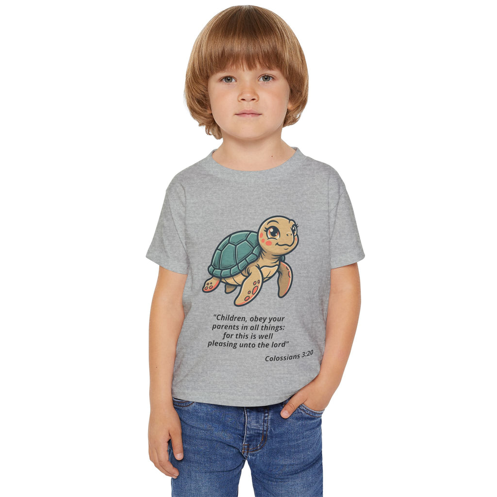 Toddler T‑Shirt — Cute Sea Turtle with Colossians 3:20 Bible Verse