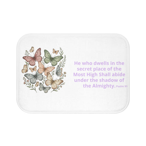 Butterfly Psalm Bath Mat — 'He who dwells...' Religious Decorative Bathroom Rug