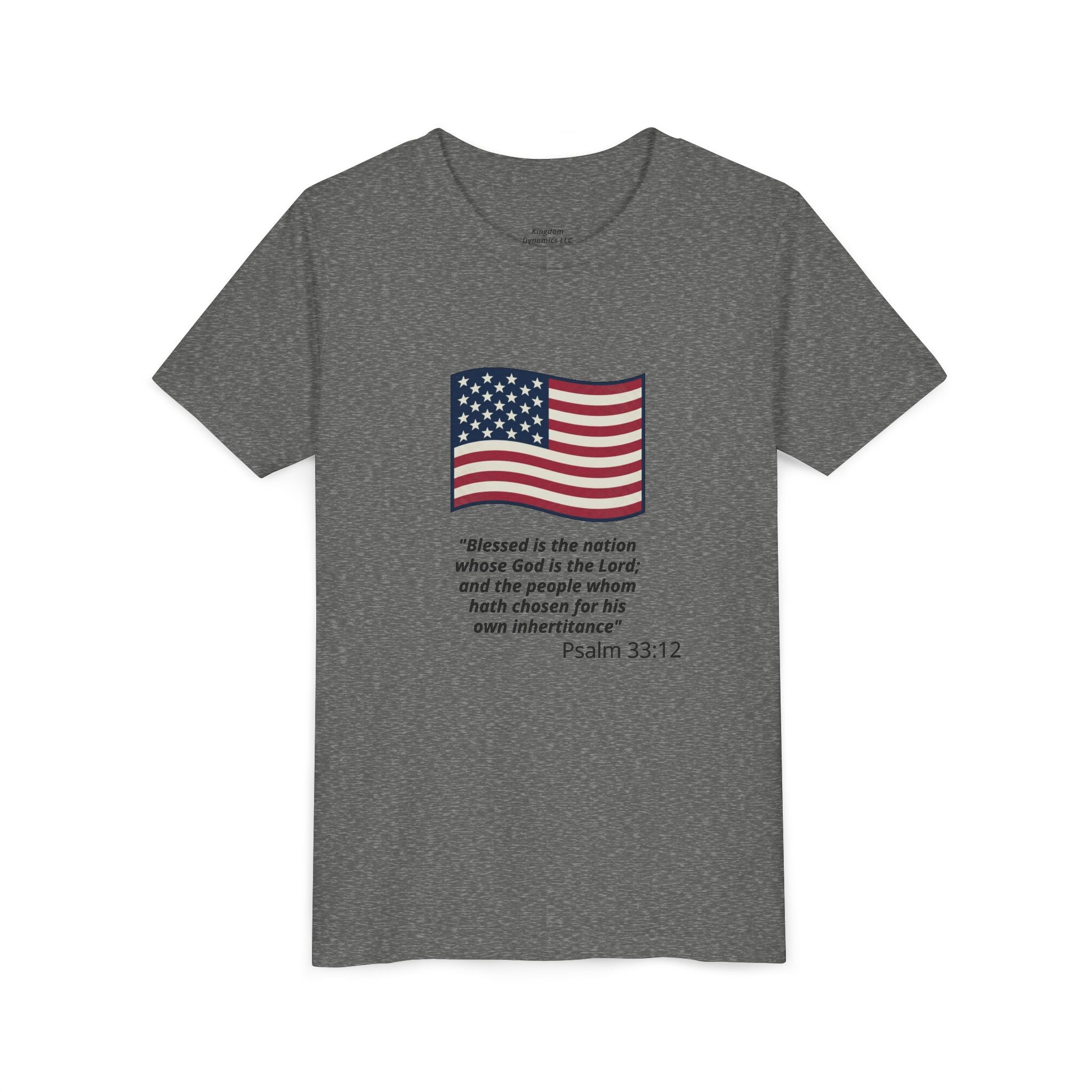 Youth T-Shirt - American Flag with Psalm 33:12 Bible Verse Patriotic Kids Tee