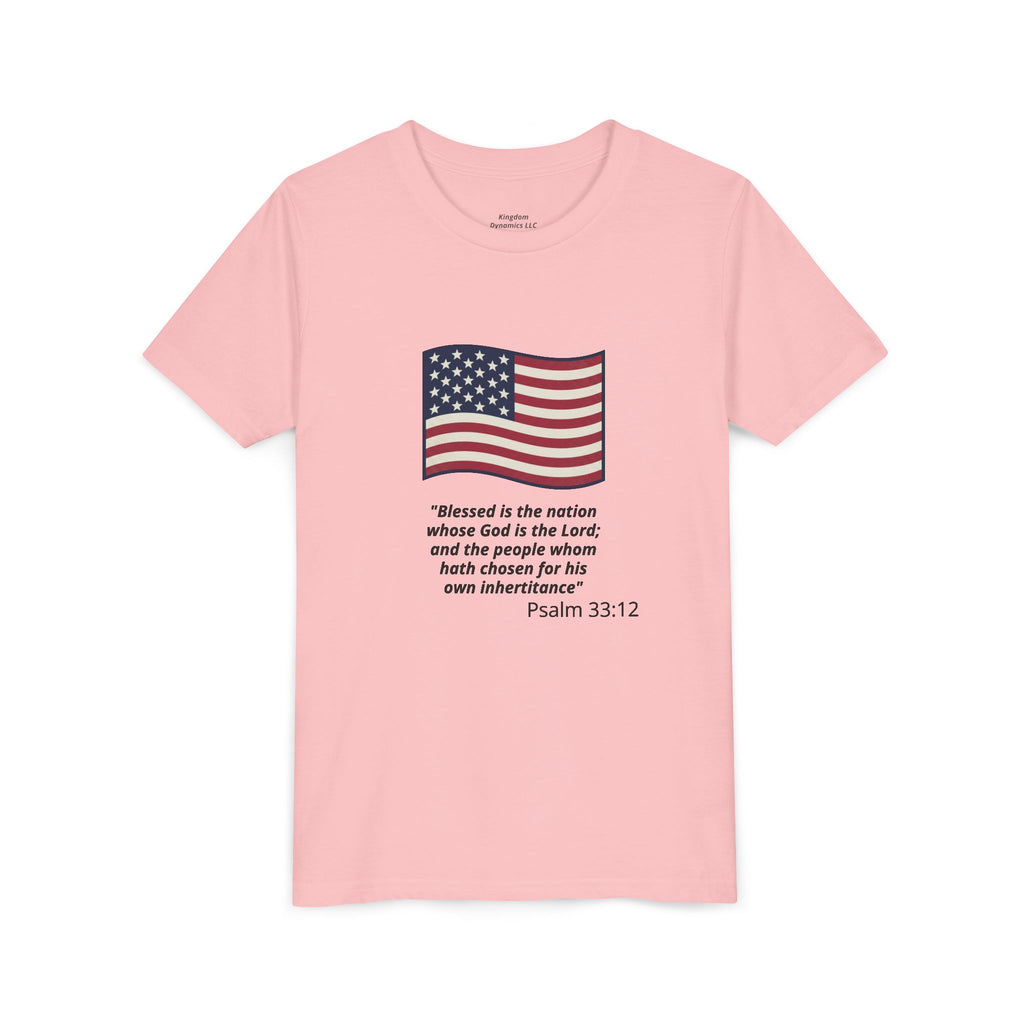 Youth T-Shirt - American Flag with Psalm 33:12 Bible Verse Patriotic Kids Tee