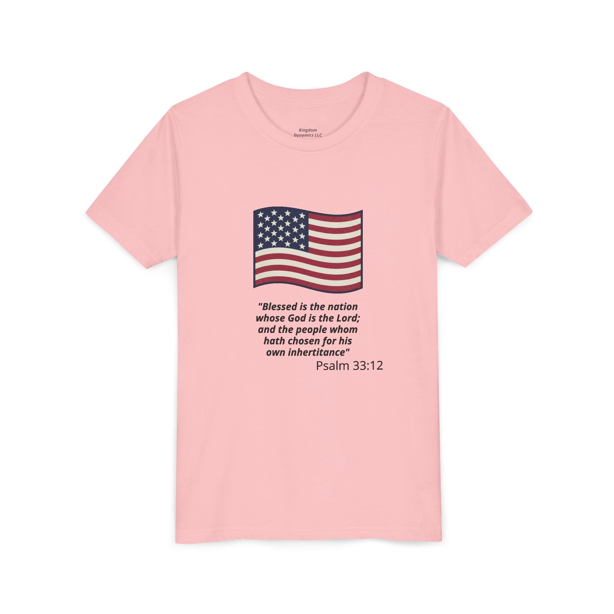 Youth T-Shirt - American Flag with Psalm 33:12 Bible Verse Patriotic Kids Tee