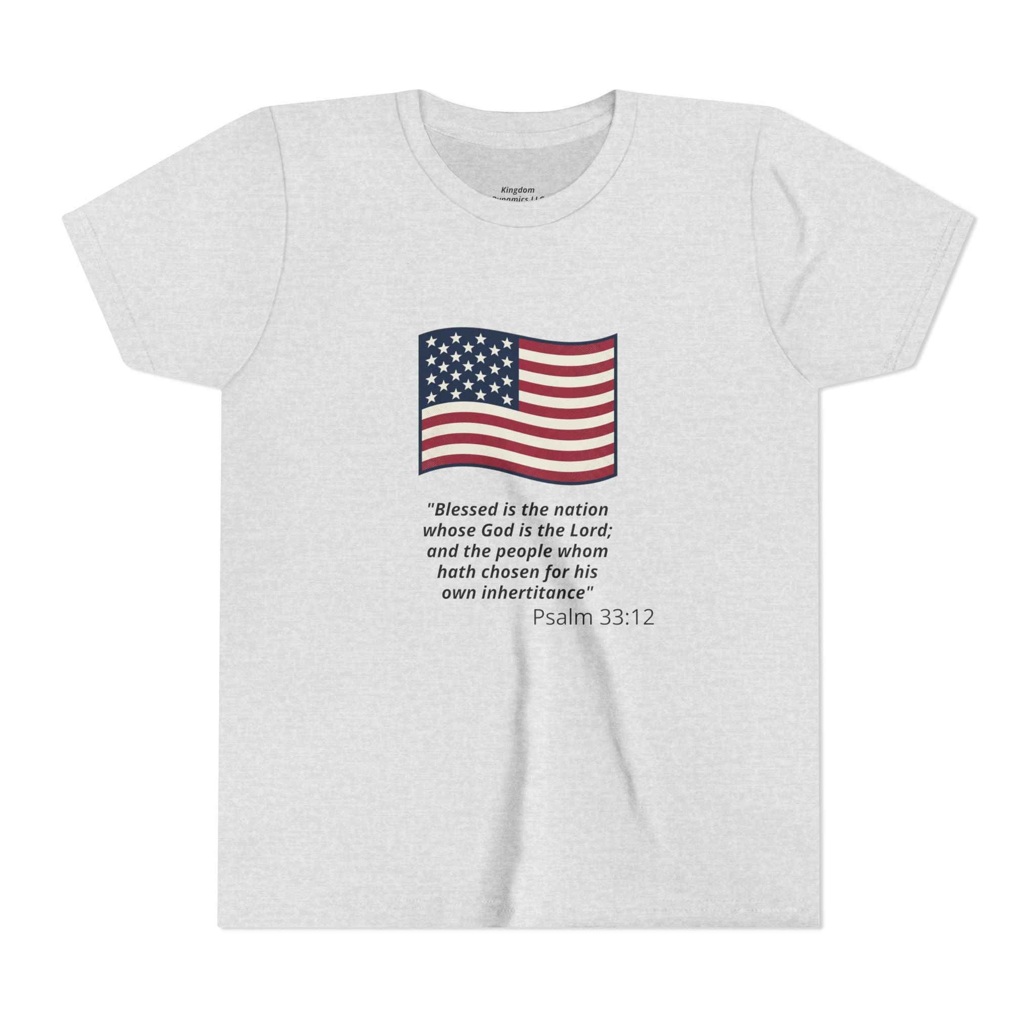 Youth T-Shirt - American Flag with Psalm 33:12 Bible Verse Patriotic Kids Tee