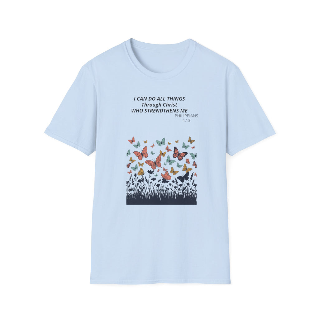 Butterfly Faith T-Shirt — "I Can Do All Things Through Christ" Inspirational Christian Tee