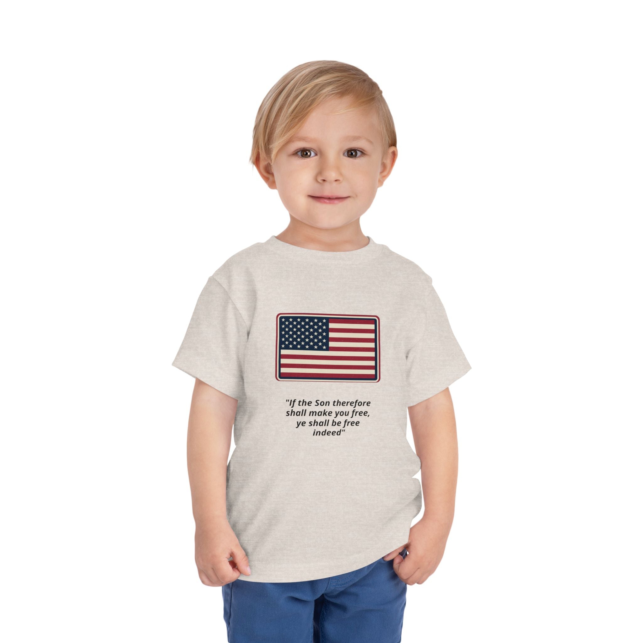 Toddler Tee — American Flag with 'If the Son therefore shall make you free, ye shall be free indeed' Patriotic Christian Kids Shirt