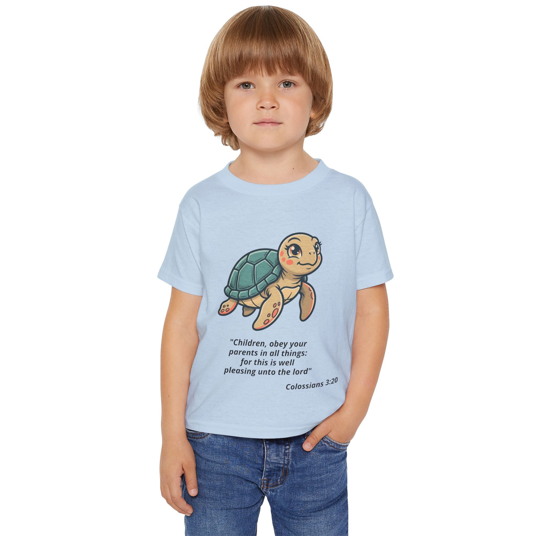 Toddler T‑Shirt — Cute Sea Turtle with Colossians 3:20 Bible Verse