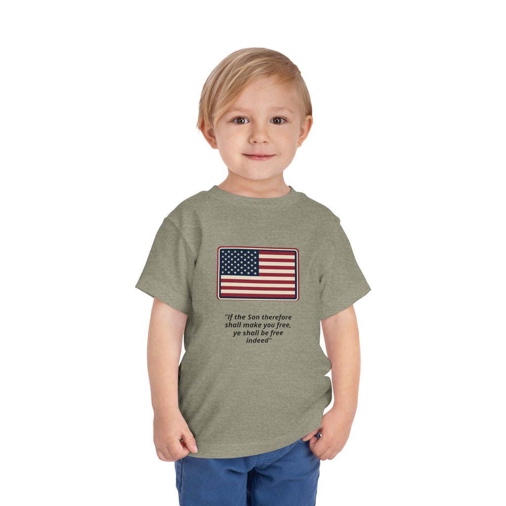 Toddler Tee — American Flag with 'If the Son therefore shall make you free, ye shall be free indeed' Patriotic Christian Kids Shirt