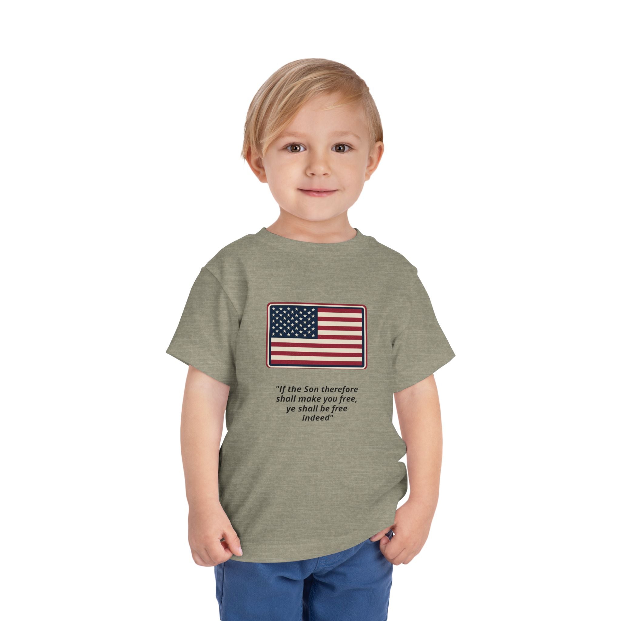 Toddler Tee — American Flag with 'If the Son therefore shall make you free, ye shall be free indeed' Patriotic Christian Kids Shirt