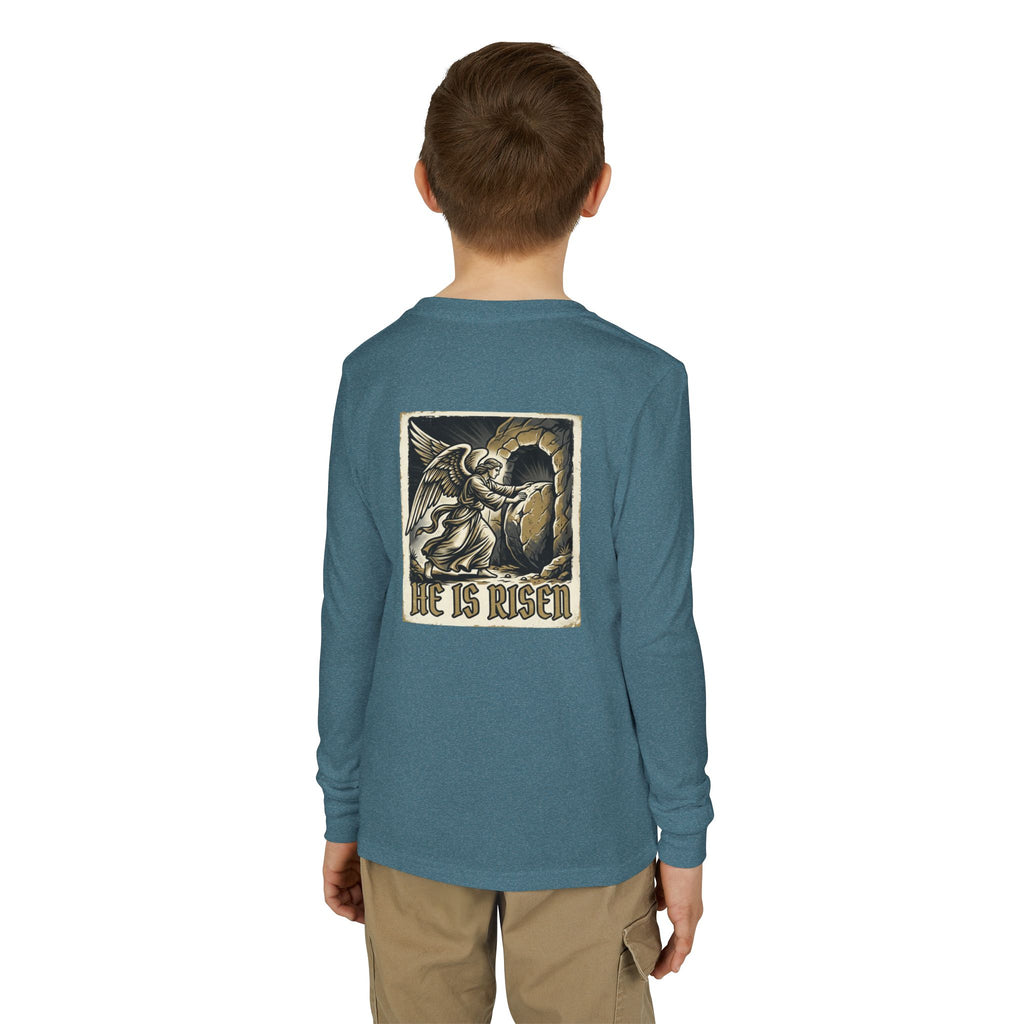 Youth Long Sleeve Tee — “He Is Risen” Easter Christian Shirt