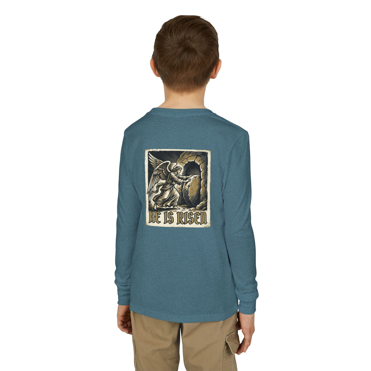 Youth Long Sleeve Tee — “He Is Risen” Easter Christian Shirt