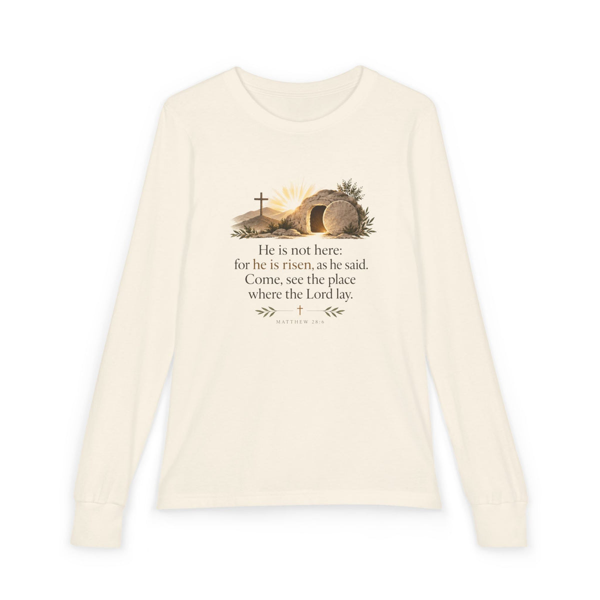 Youth Long Sleeve Tee — “He Is Risen” Easter Christian Shirt