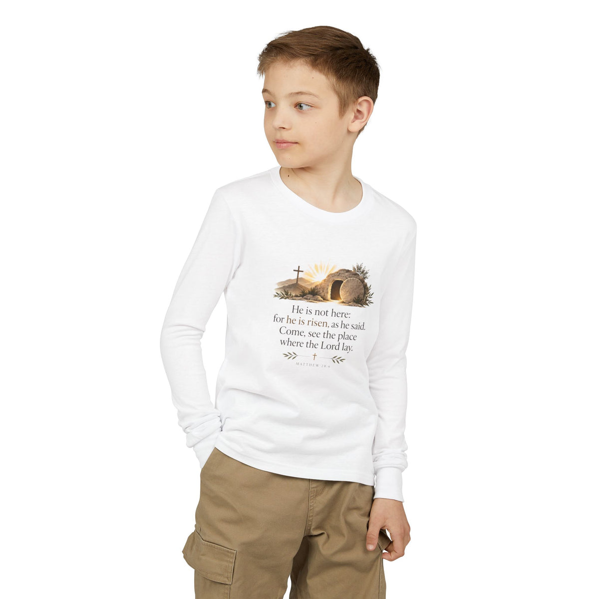 Youth Long Sleeve Tee — “He Is Risen” Easter Christian Shirt
