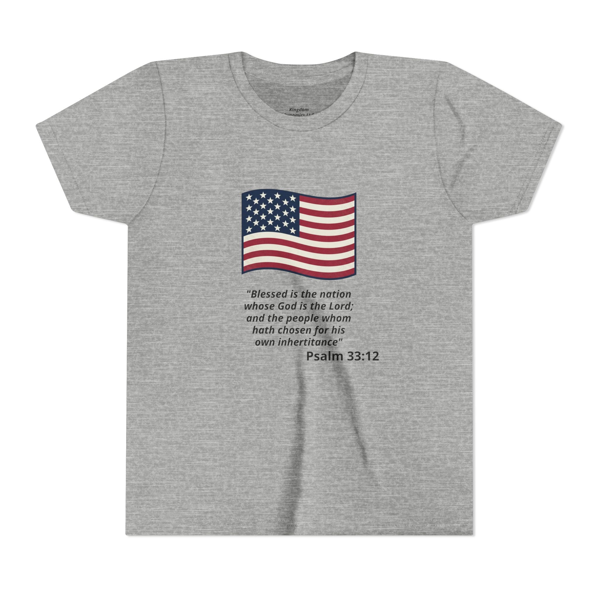 Youth T-Shirt - American Flag with Psalm 33:12 Bible Verse Patriotic Kids Tee