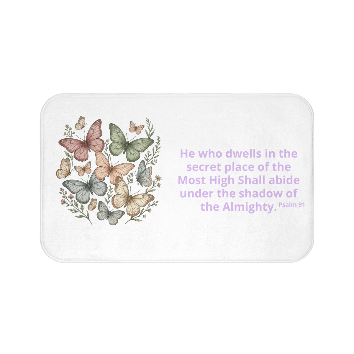 Butterfly Psalm Bath Mat — 'He who dwells...' Religious Decorative Bathroom Rug
