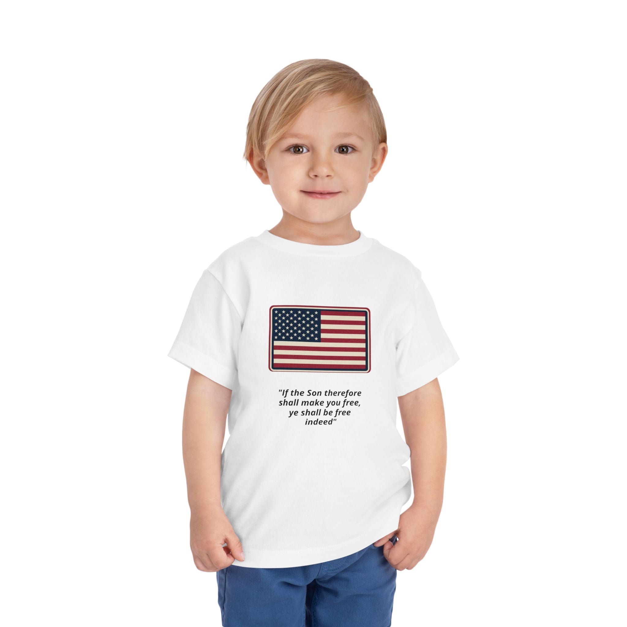 Toddler Tee — American Flag with 'If the Son therefore shall make you free, ye shall be free indeed' Patriotic Christian Kids Shirt
