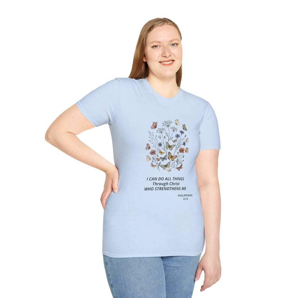 Butterfly Faith T-Shirt — "I Can Do All Things Through Christ" Inspirational Christian Tee