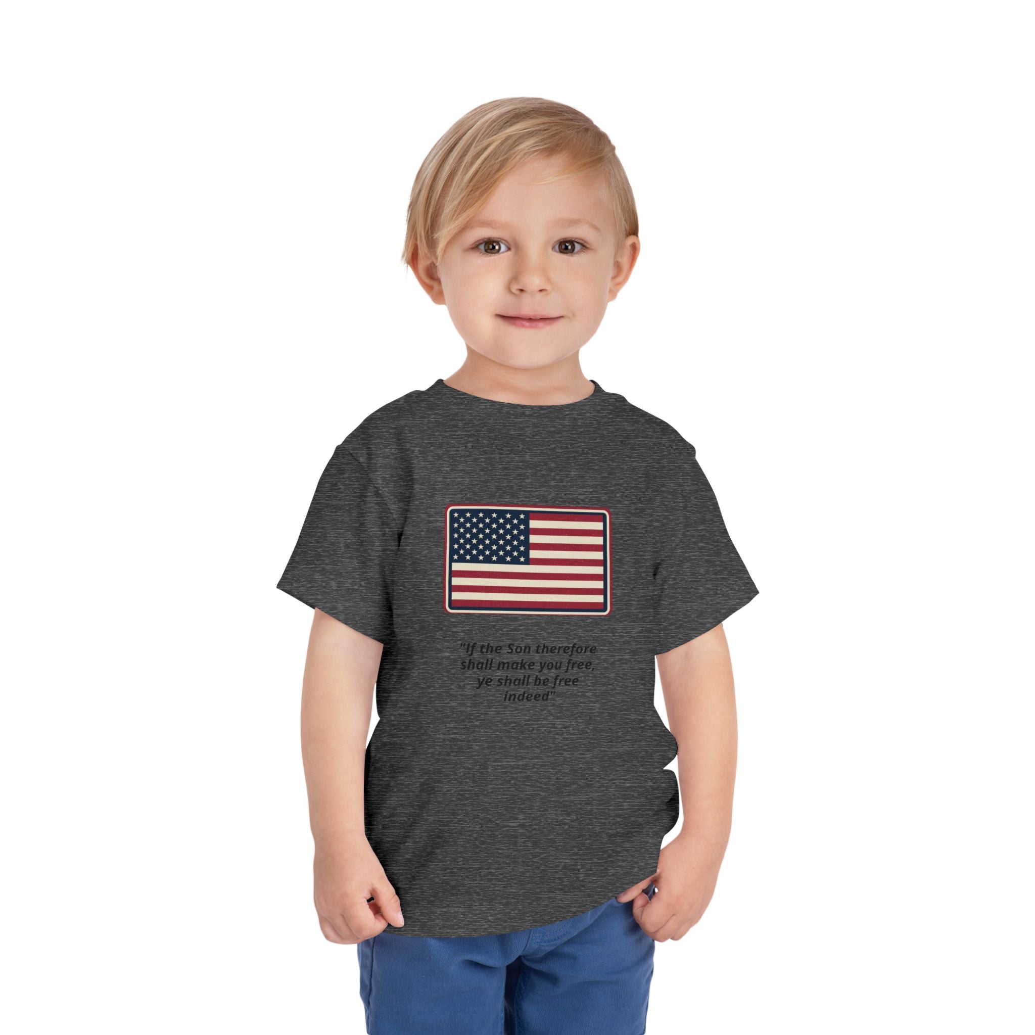 Toddler Tee — American Flag with 'If the Son therefore shall make you free, ye shall be free indeed' Patriotic Christian Kids Shirt