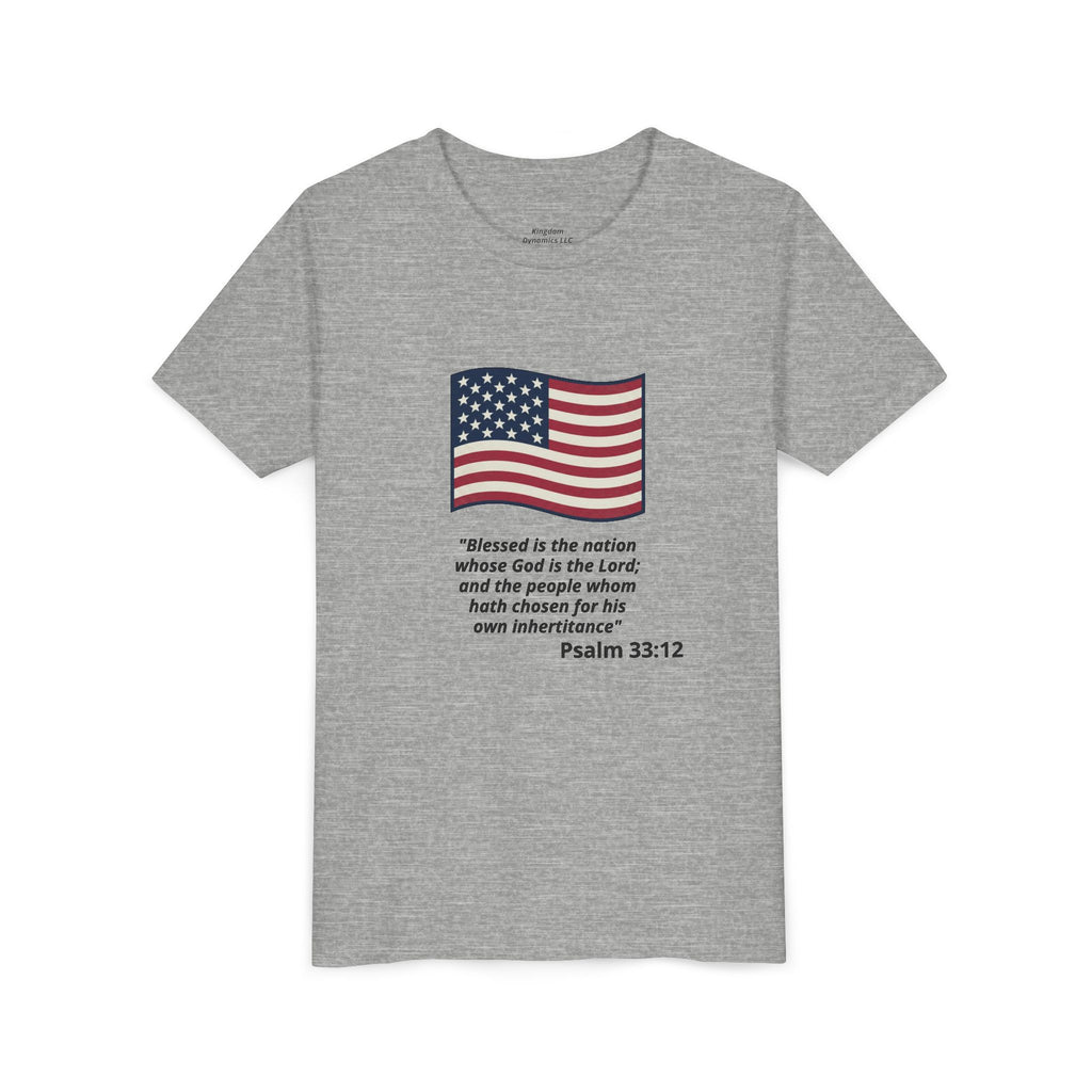 Youth T-Shirt - American Flag with Psalm 33:12 Bible Verse Patriotic Kids Tee