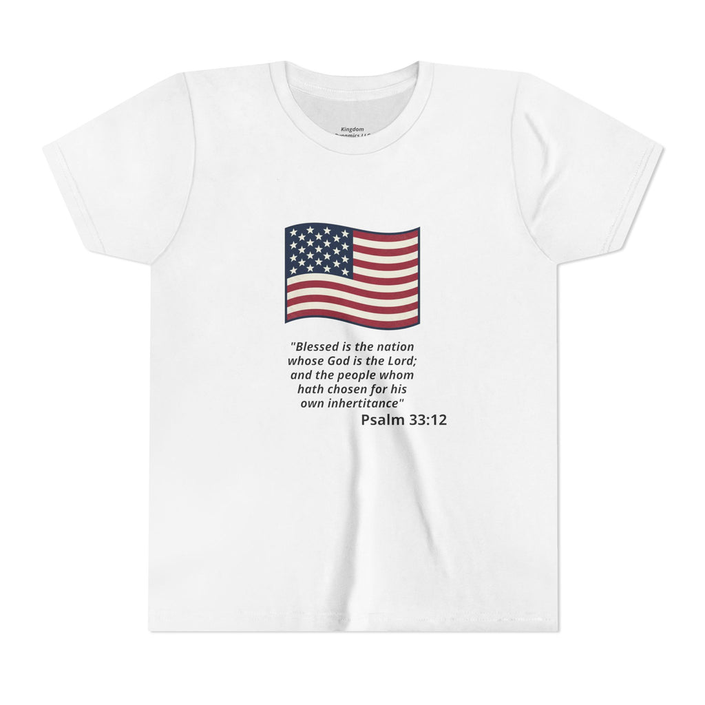 Youth T-Shirt - American Flag with Psalm 33:12 Bible Verse Patriotic Kids Tee