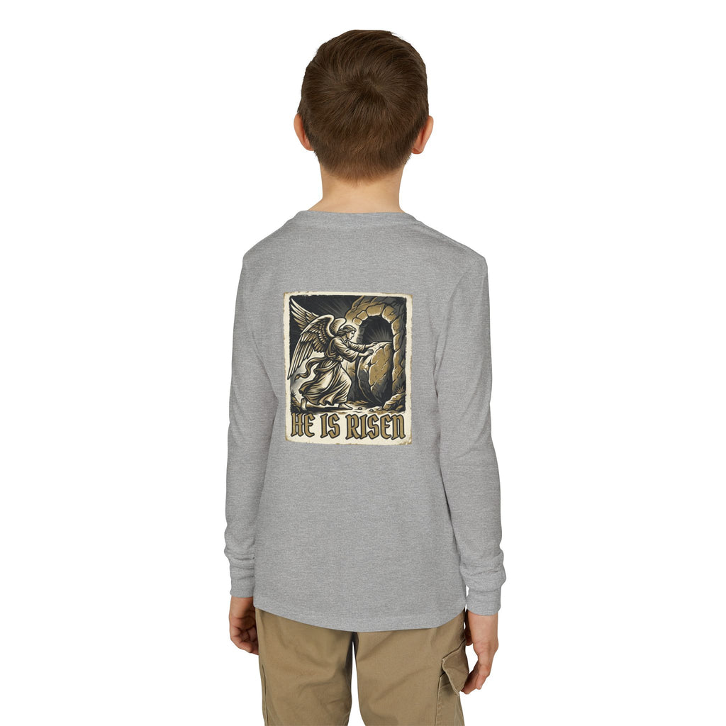 Youth Long Sleeve Tee — “He Is Risen” Easter Christian Shirt
