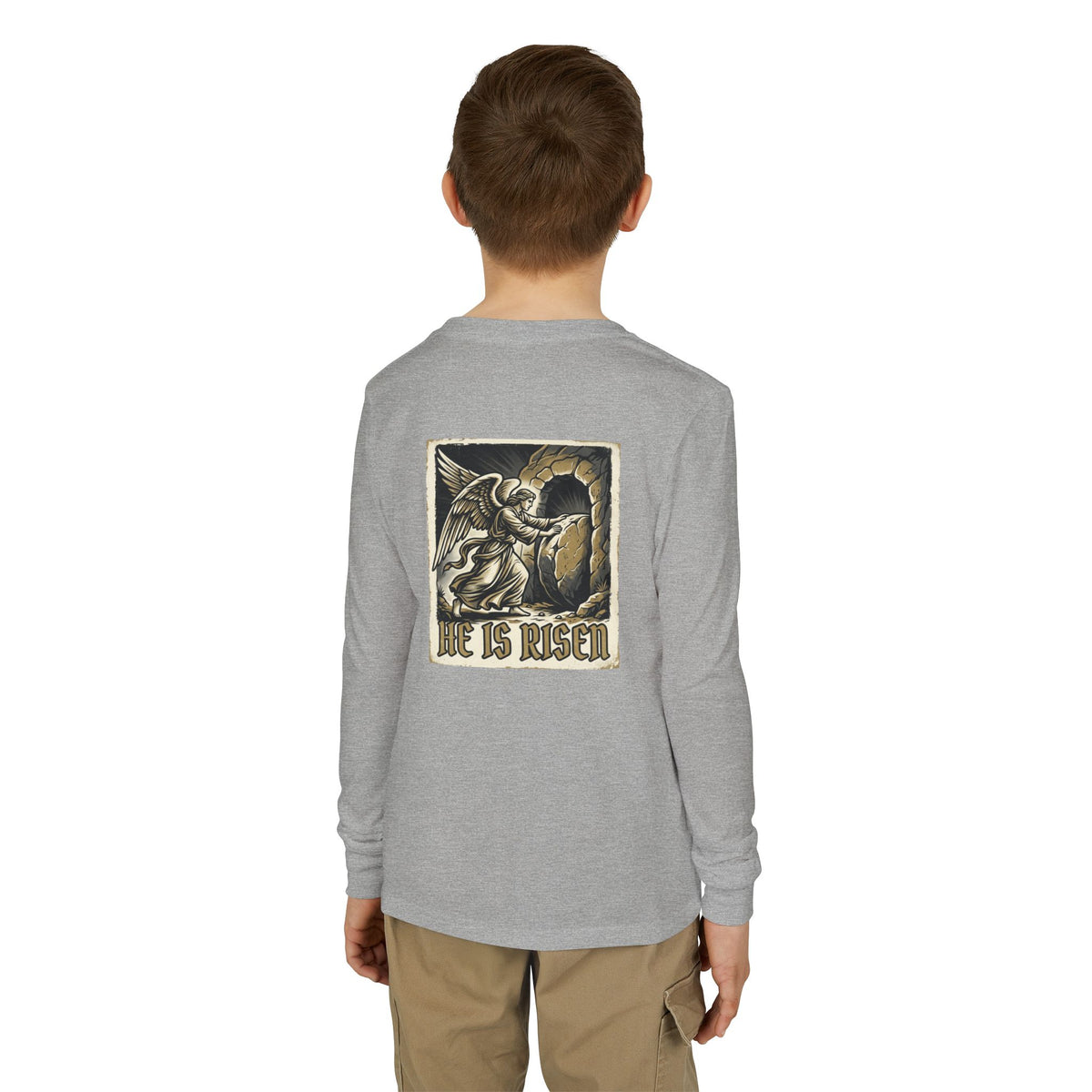 Youth Long Sleeve Tee — “He Is Risen” Easter Christian Shirt