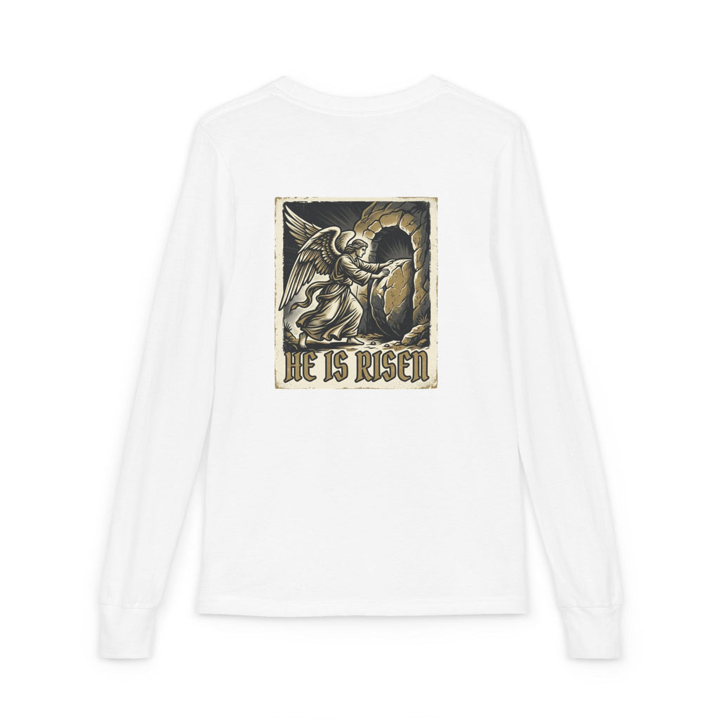 Youth Long Sleeve Tee — “He Is Risen” Easter Christian Shirt
