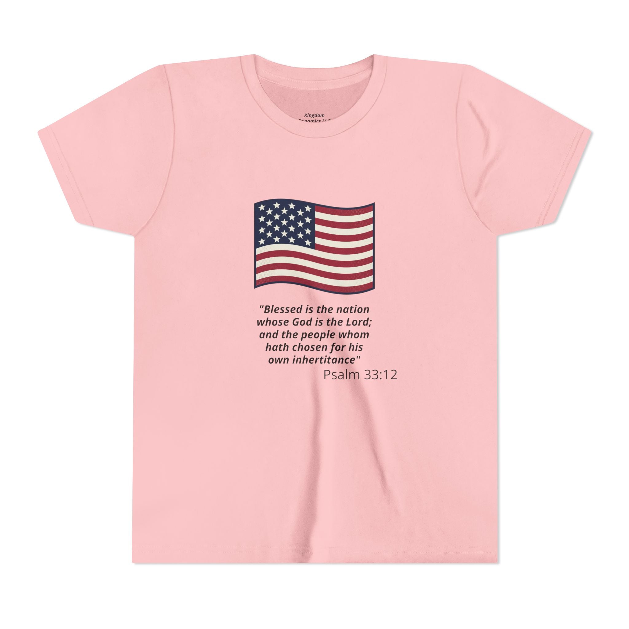 Youth T-Shirt - American Flag with Psalm 33:12 Bible Verse Patriotic Kids Tee