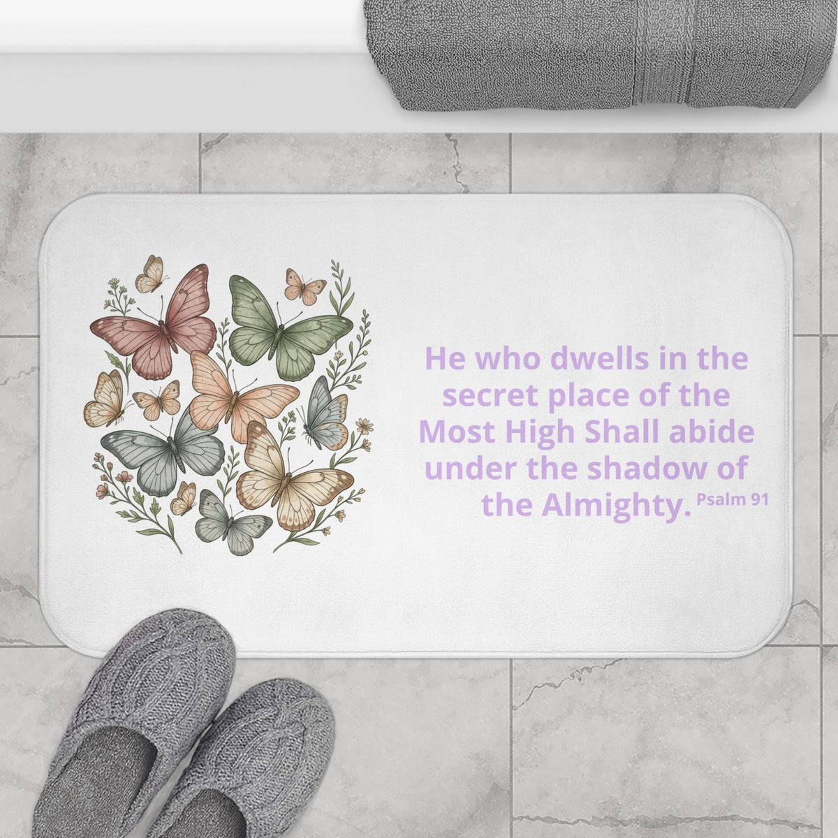 Butterfly Psalm Bath Mat — 'He who dwells...' Religious Decorative Bathroom Rug