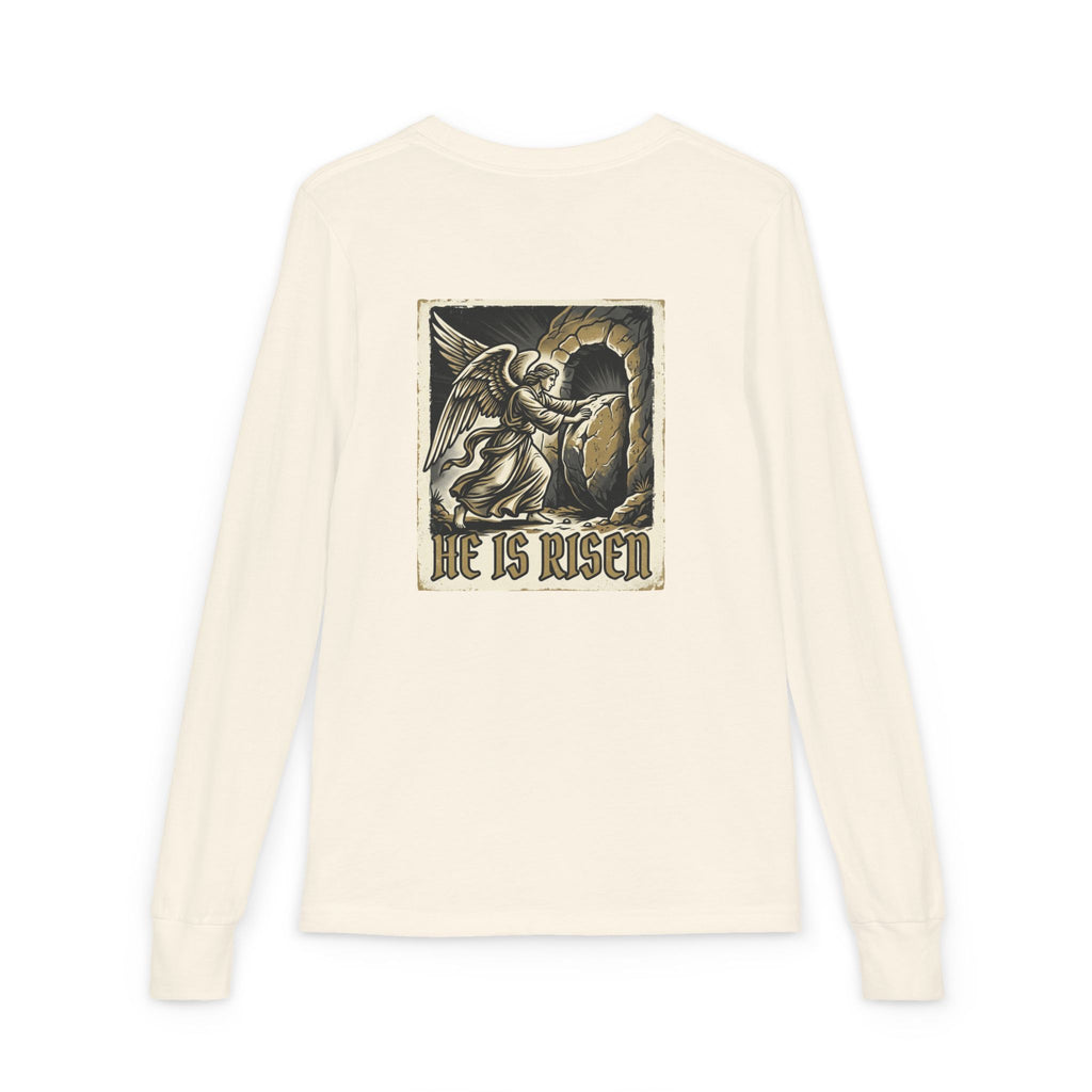 Youth Long Sleeve Tee — “He Is Risen” Easter Christian Shirt