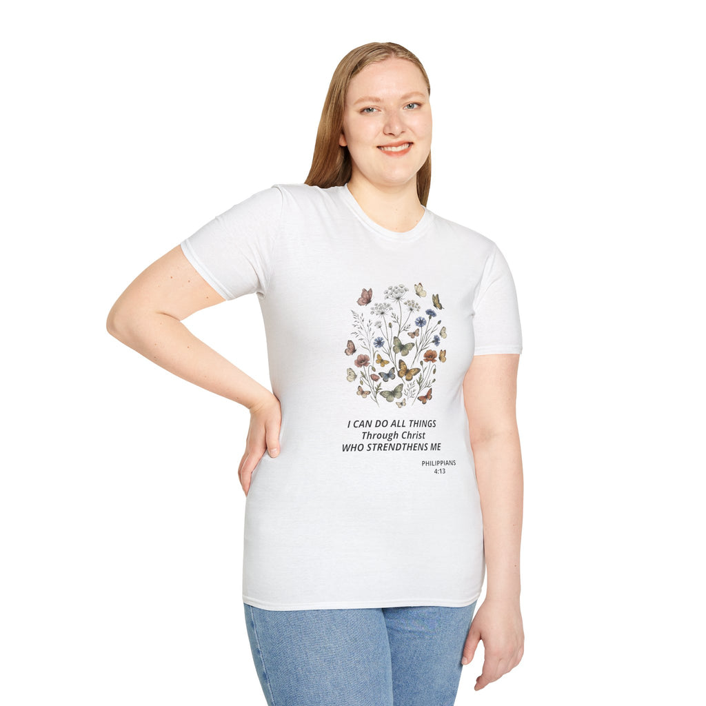 Butterfly Faith T-Shirt — "I Can Do All Things Through Christ" Inspirational Christian Tee