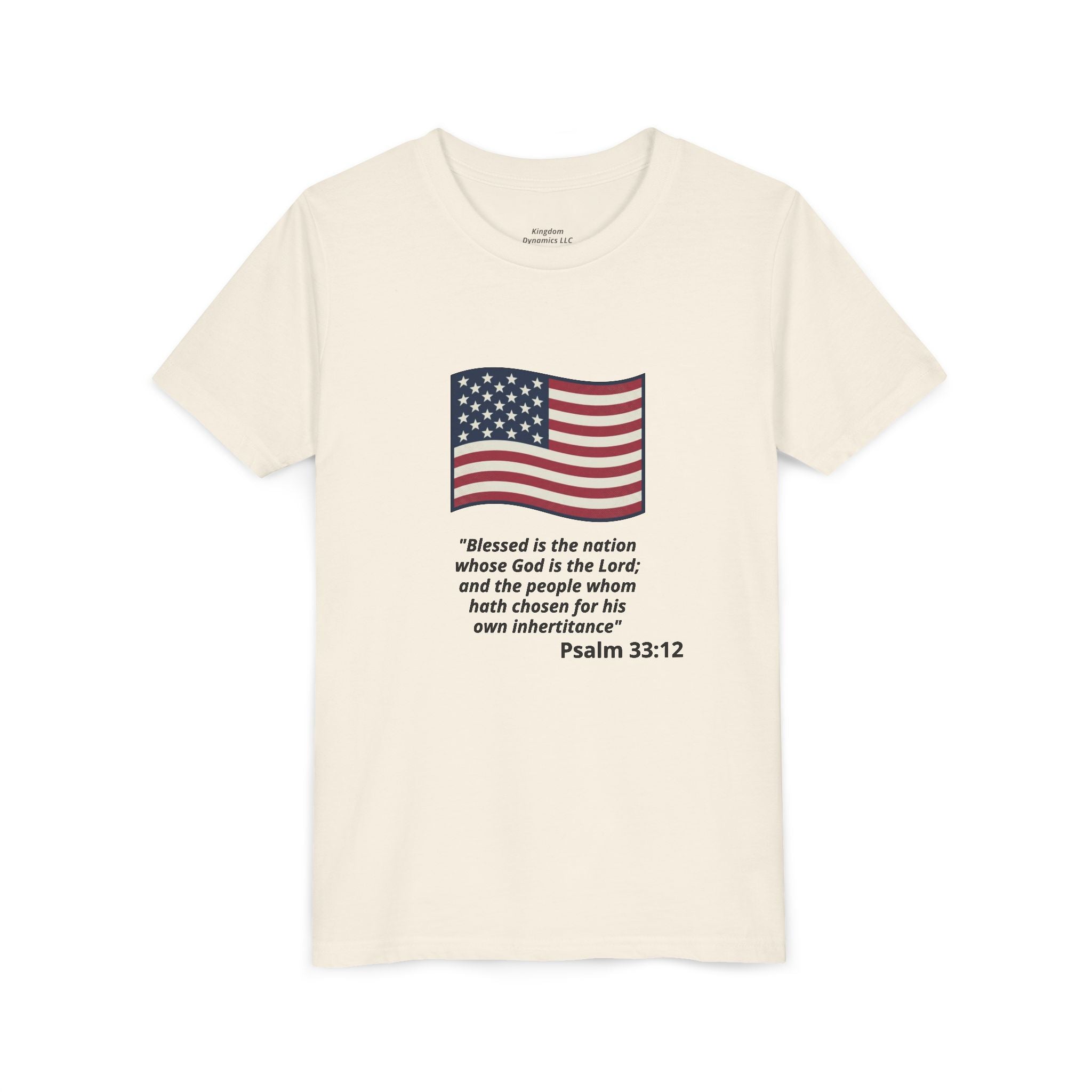 Youth T-Shirt - American Flag with Psalm 33:12 Bible Verse Patriotic Kids Tee