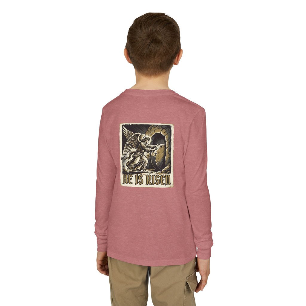 Youth Long Sleeve Tee — “He Is Risen” Easter Christian Shirt