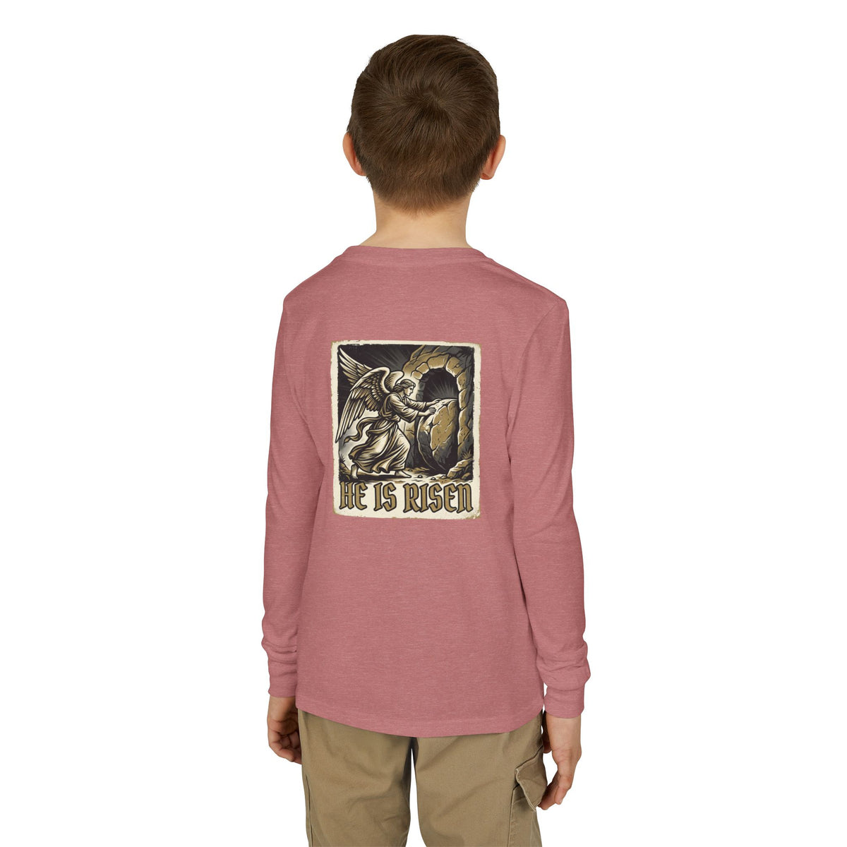 Youth Long Sleeve Tee — “He Is Risen” Easter Christian Shirt